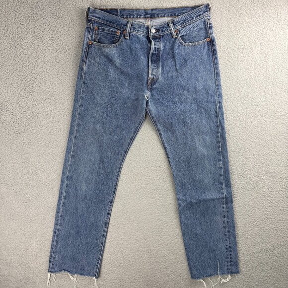 Levis 501 Jeans Mens 34x34 Pants Blue Stonewash Frayed Hem Button Straight Denim - Picture 2 of 12